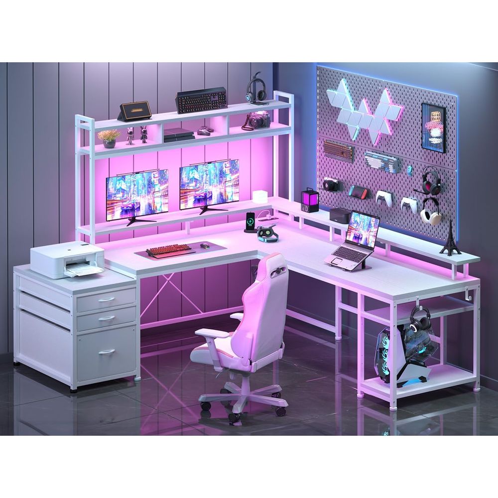 Desk Setup L Shaped - 104インチL字型デスク、2人用ホームオフィス向け、4つのサイズ変更可能、4つのAC+2つのUSBポート、マルチモニターセットアップ対応