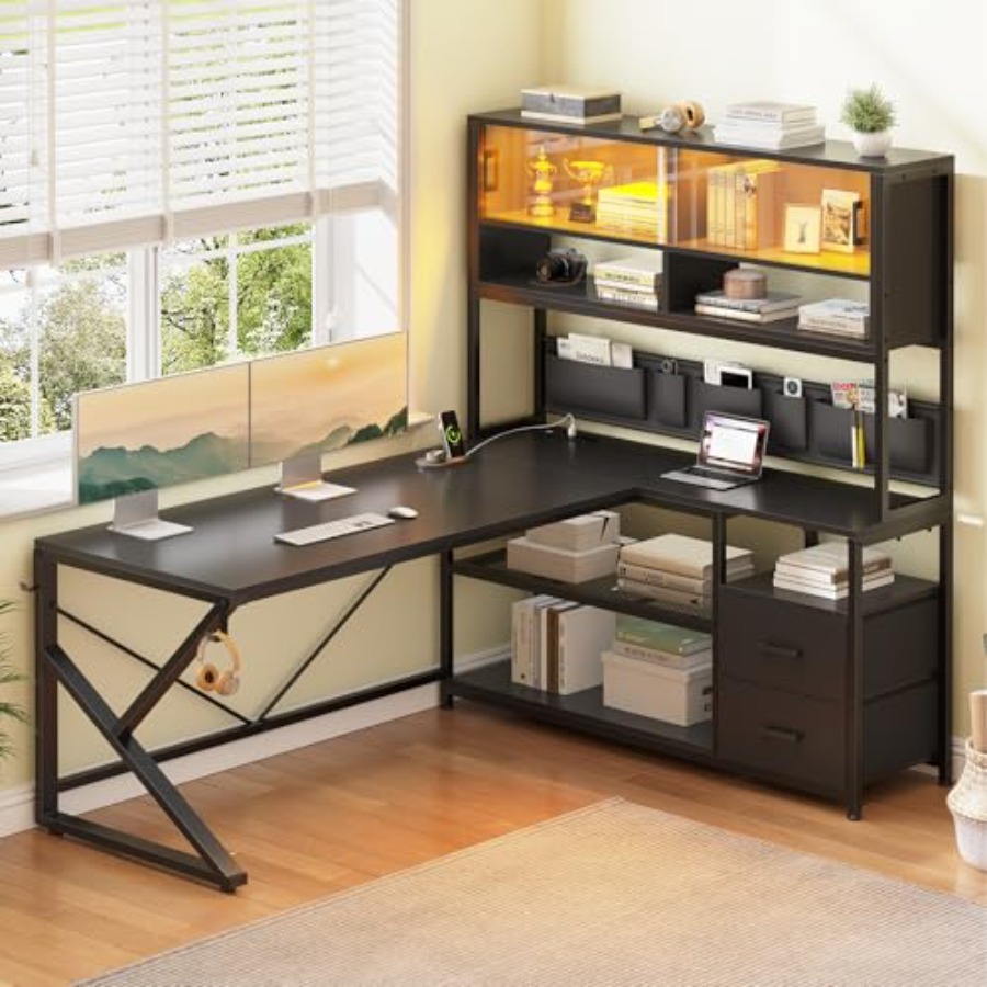 L字型のゲーミングデスク。収納棚付き、引き出し2つ、ゲーミン - Desk Setup L Shaped のレビューと価格