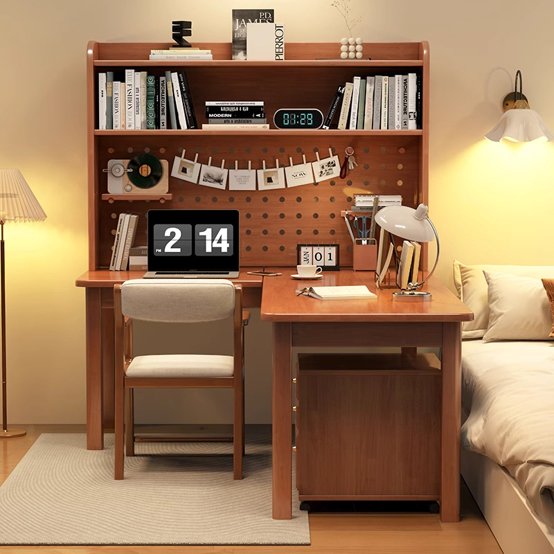 モダンな7字型L字型無垢材コーナーデスク、一体型本棚付きテー - Desk Setup L Shaped のレビューと価格
